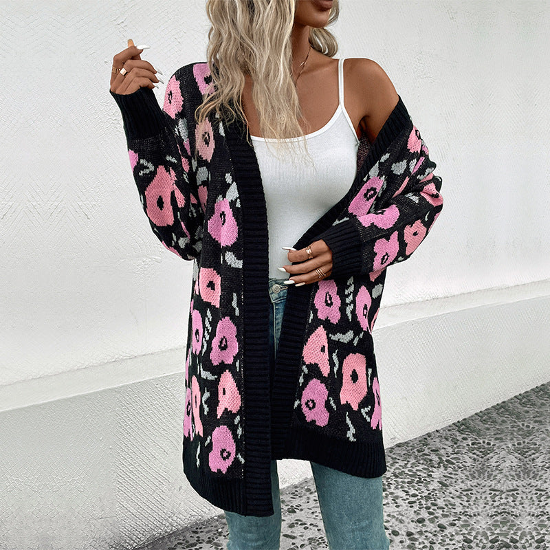 Long Floral Jacquard Cardigan with Open Front