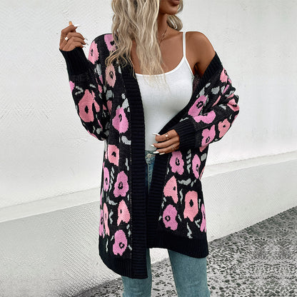 Long Floral Jacquard Cardigan with Open Front