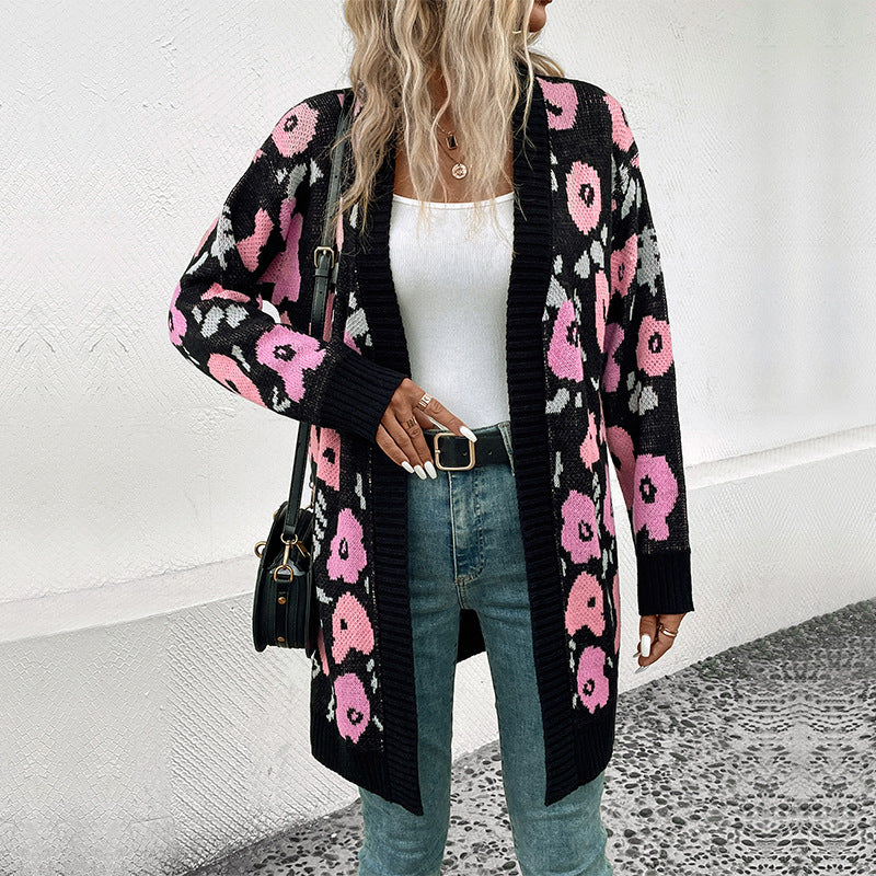 Long Floral Jacquard Cardigan with Open Front