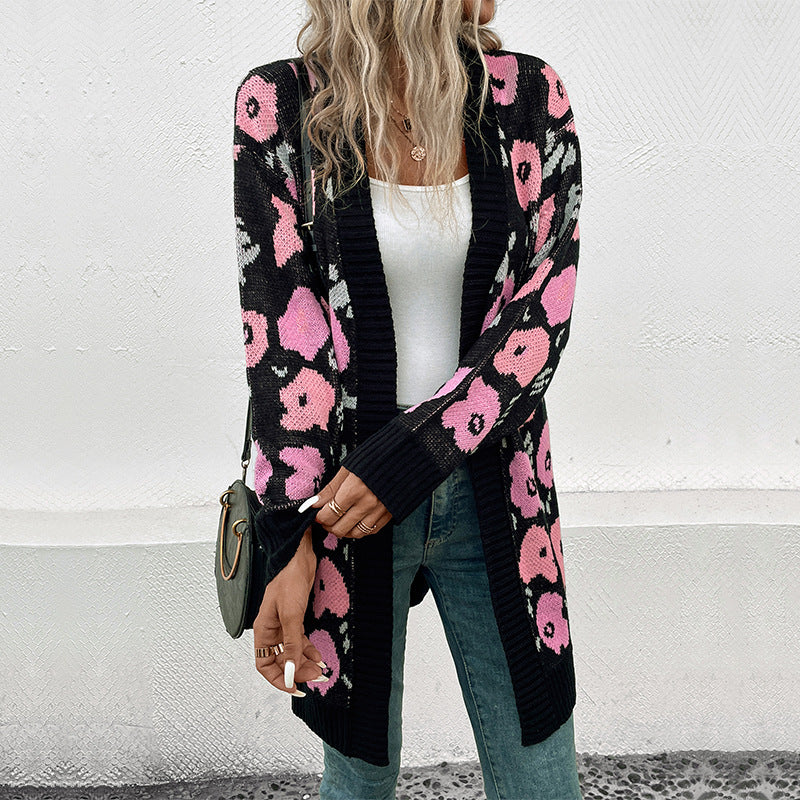 Long Floral Jacquard Cardigan with Open Front