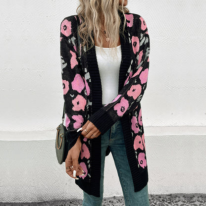 Long Floral Jacquard Cardigan with Open Front