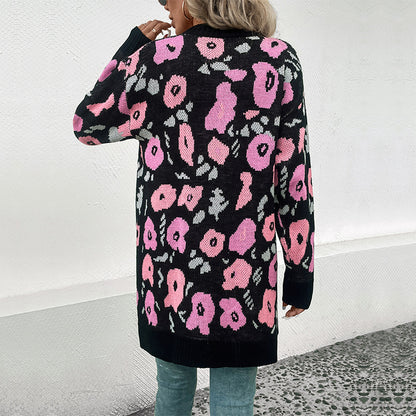 Long Floral Jacquard Cardigan with Open Front