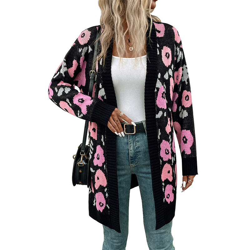 Long Floral Jacquard Cardigan with Open Front