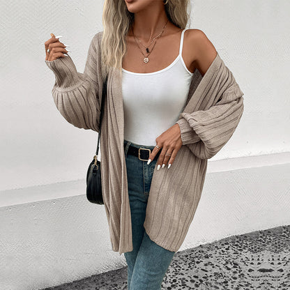 Solid Long Ribbed Cardigan with Lantern Sleeves