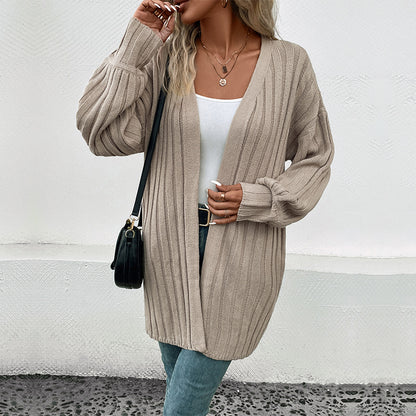 Solid Long Ribbed Cardigan with Lantern Sleeves