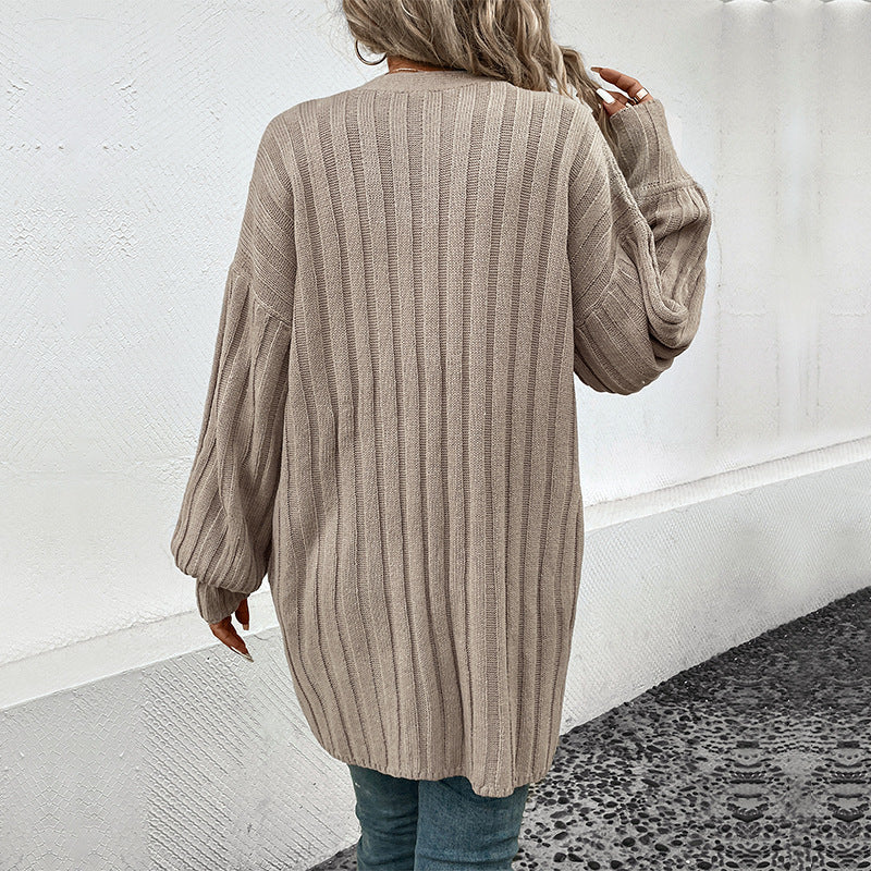 Solid Long Ribbed Cardigan with Lantern Sleeves