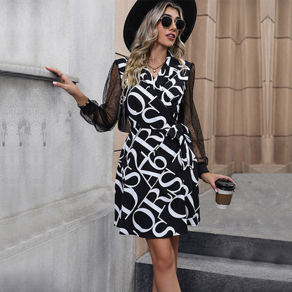 Letter Print Wrap Dress with Mesh Sleeves
