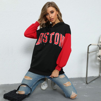 Boston Letter Print Hoodie with Red Color Block Sleeves
