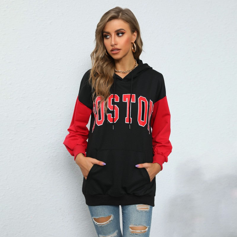 Boston Letter Print Hoodie with Red Color Block Sleeves