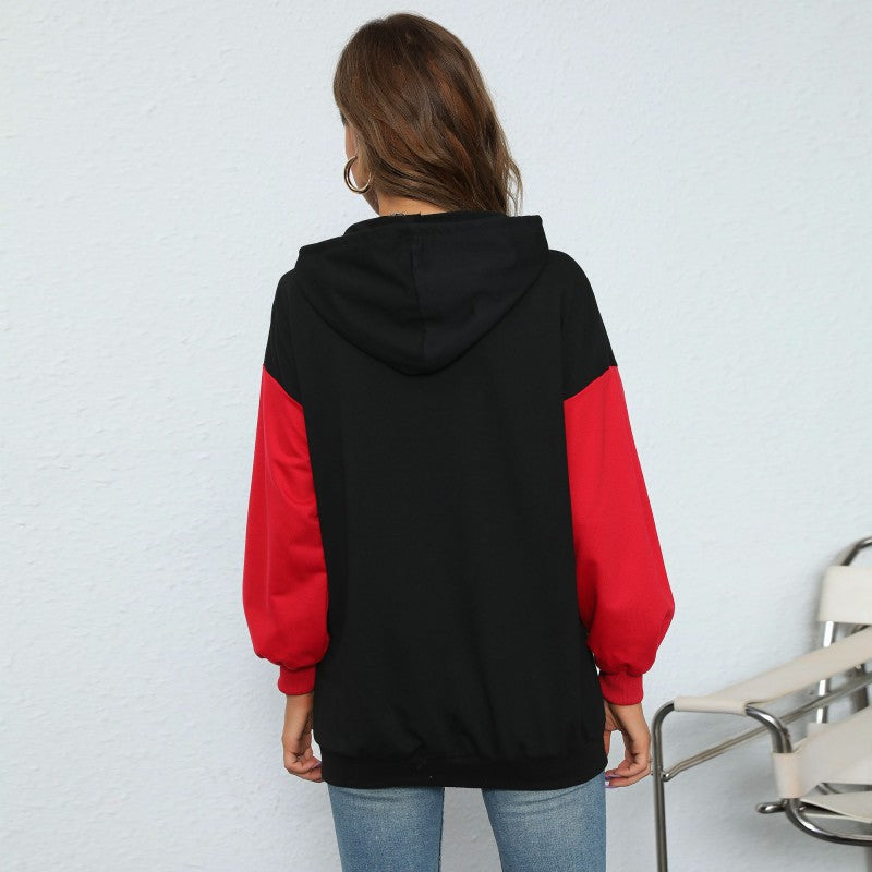 Boston Letter Print Hoodie with Red Color Block Sleeves