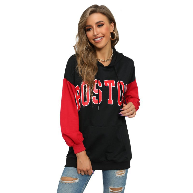 Boston Letter Print Hoodie with Red Color Block Sleeves