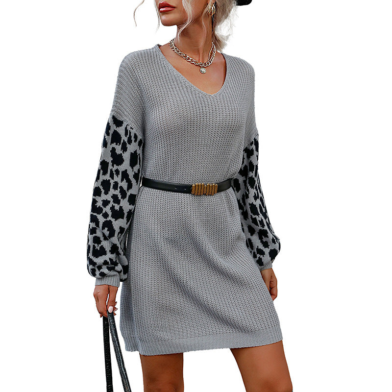 Color-Blocked Sweater Dress with Leopard Print Sleeves and V-Neck