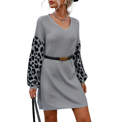 Color-Blocked Sweater Dress with Leopard Print Sleeves and V-Neck