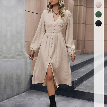 Solid A-Line Midi Dress with V-Neck and Button Front