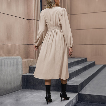 Solid A-Line Midi Dress with V-Neck and Button Front