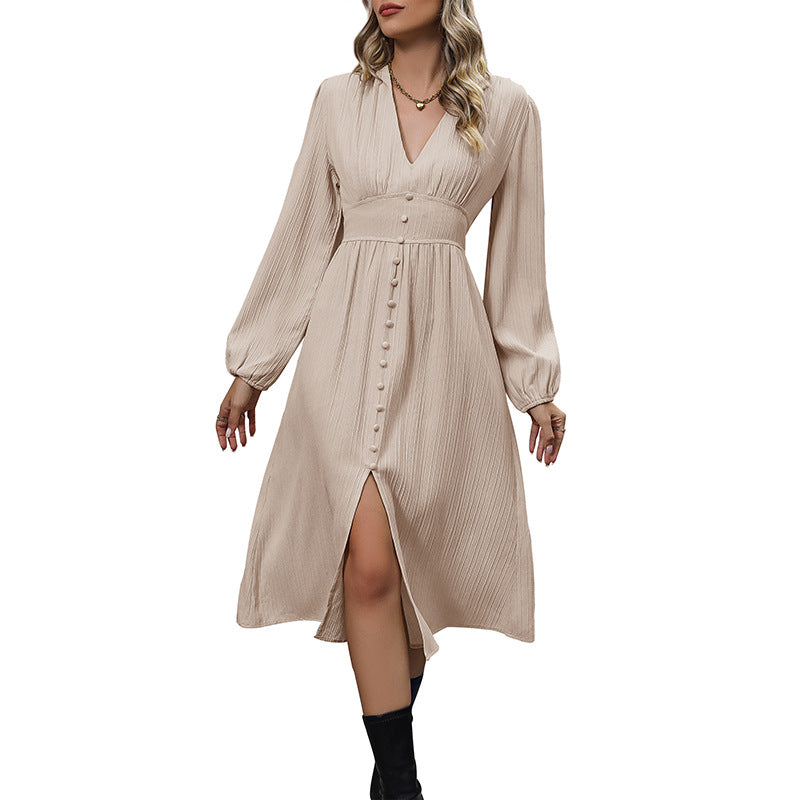 Solid A-Line Midi Dress with V-Neck and Button Front