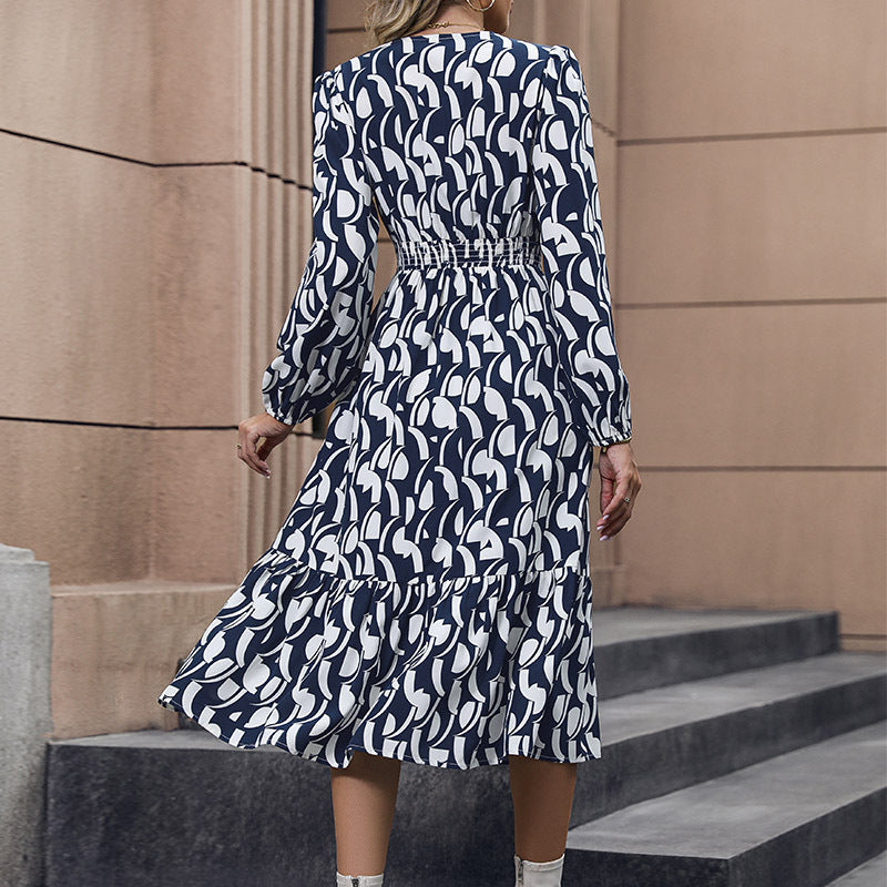 Irregular Print Midi Dress with V-Neck and Long Sleeves
