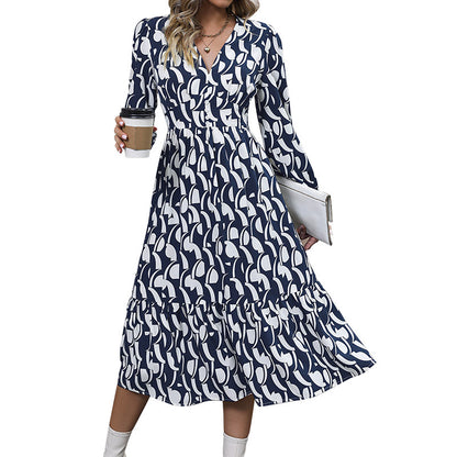 Irregular Print Midi Dress with V-Neck and Long Sleeves