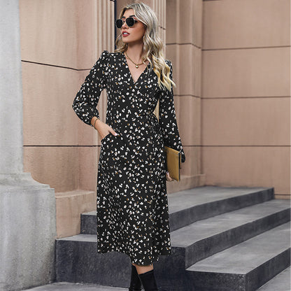Wrap Midi Dress with Petal Print, V-Neck, and Long Sleeves