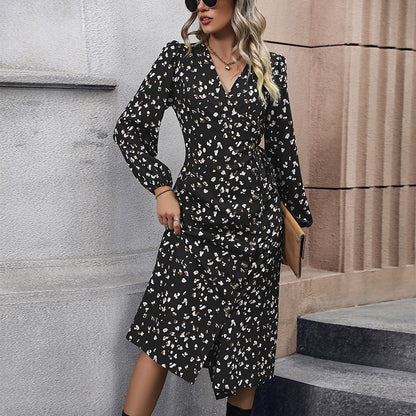 Wrap Midi Dress with Petal Print, V-Neck, and Long Sleeves