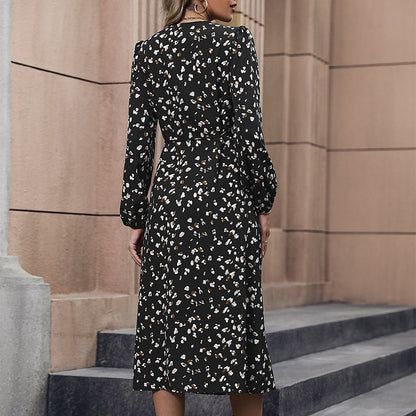 Wrap Midi Dress with Petal Print, V-Neck, and Long Sleeves