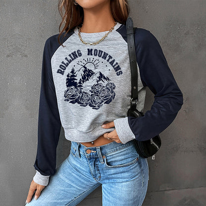 Cropped Graphic Print Sweatshirt with Raglan Sleeves