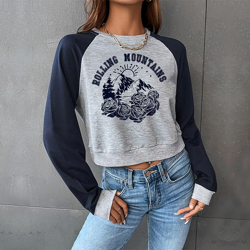 Cropped Graphic Print Sweatshirt with Raglan Sleeves