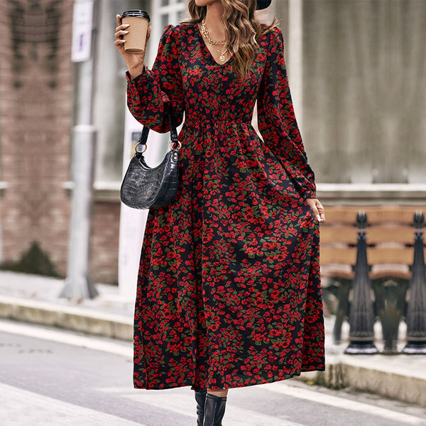 Floral A-Line Midi Dress with V-Neck, Long Sleeves and Shirred Waist