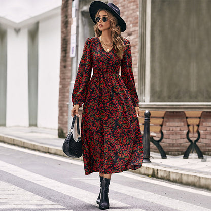 Floral A-Line Midi Dress with V-Neck, Long Sleeves and Shirred Waist