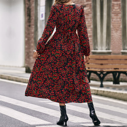 Floral A-Line Midi Dress with V-Neck, Long Sleeves and Shirred Waist