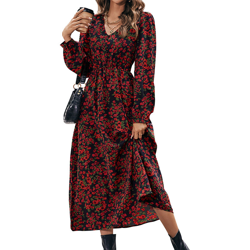 Floral A-Line Midi Dress with V-Neck, Long Sleeves and Shirred Waist