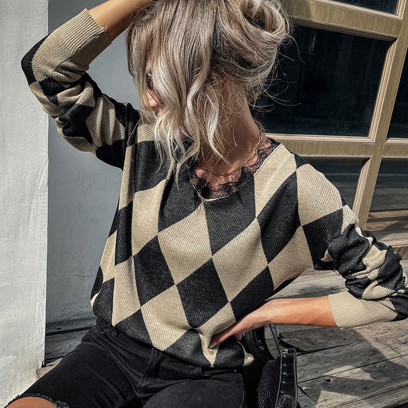 Argyle Pattern Knit Sweater with Round Neck