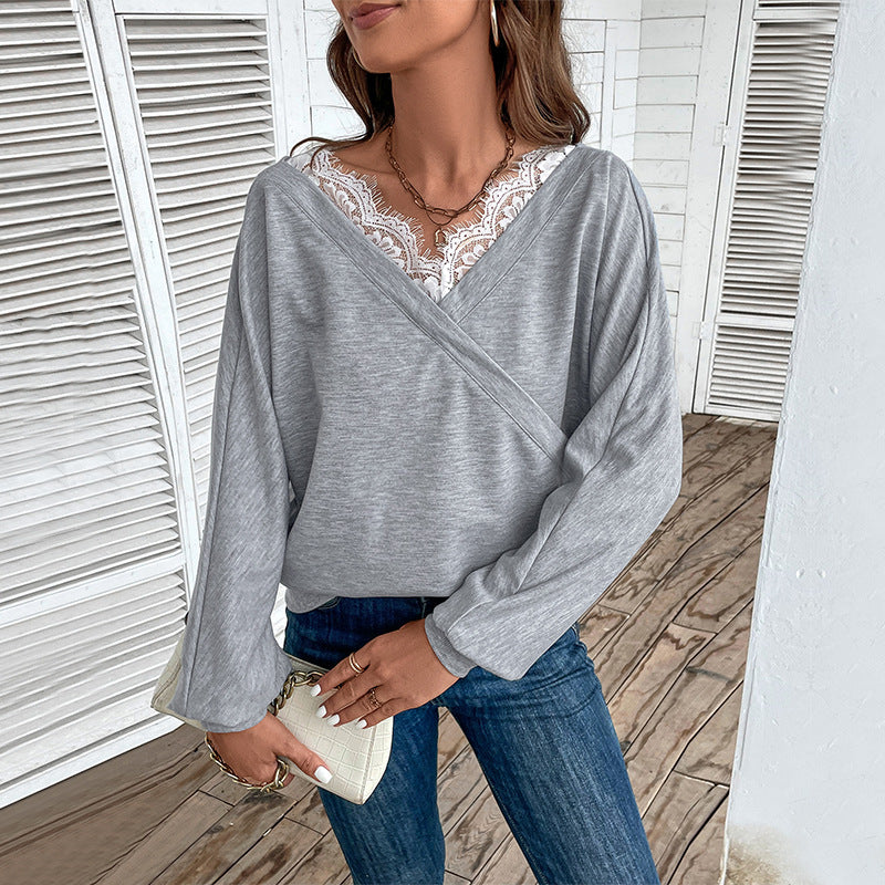 Solid Color Crossover Top with Lace V-Neck