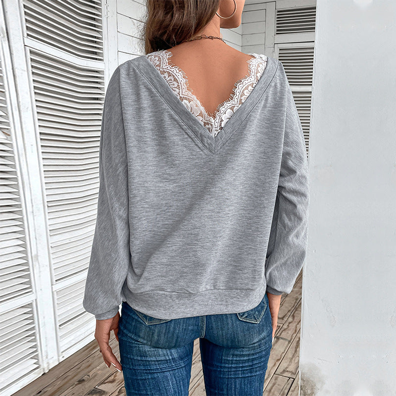 Solid Color Crossover Top with Lace V-Neck