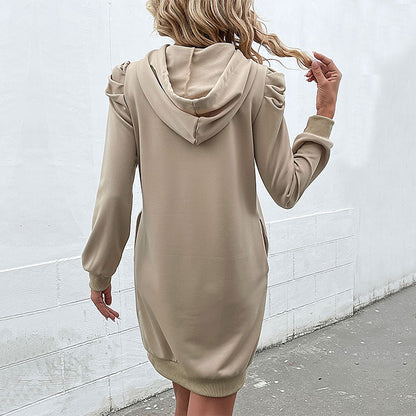 Solid Hooded Sweatshirt Dress with Puff Sleeves