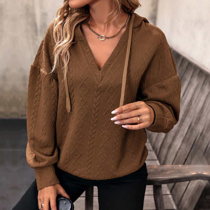 Spiral Pattern Hoodie with V-Neck and Drawstring Detail