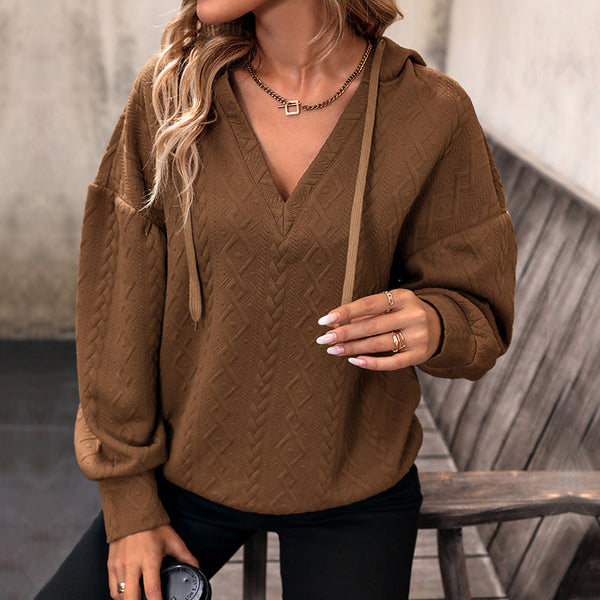 Spiral Pattern Hoodie with V-Neck and Drawstring Detail