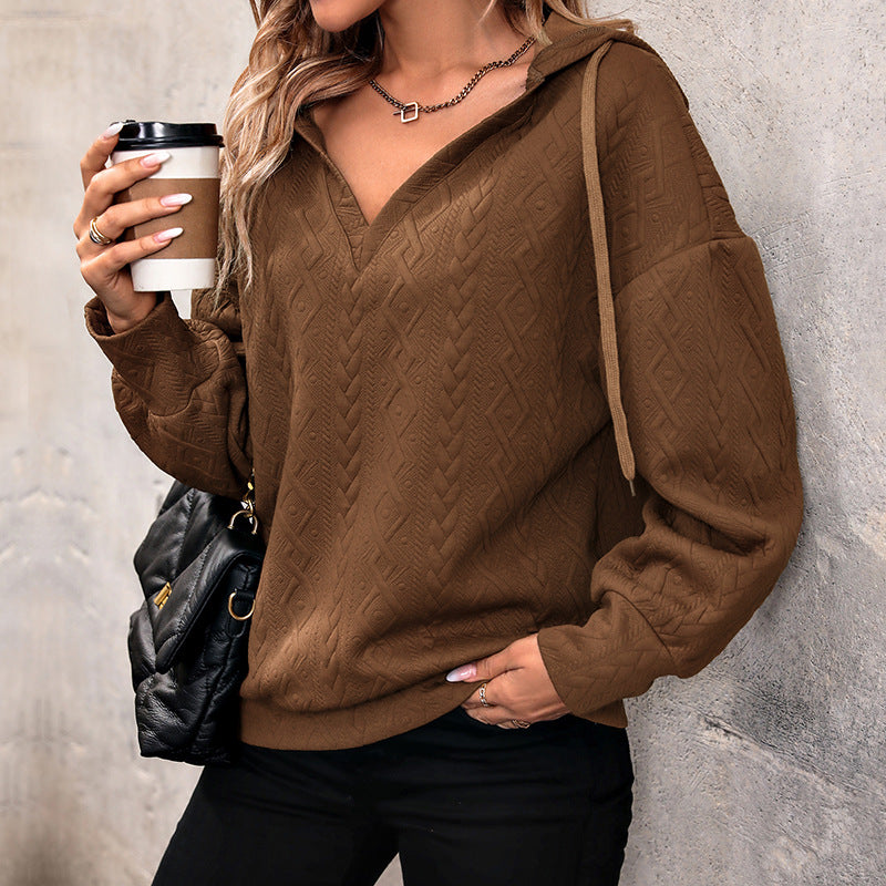 Spiral Pattern Hoodie with V-Neck and Drawstring Detail