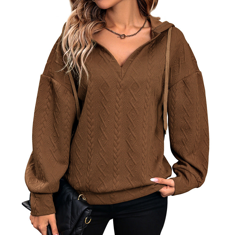 Spiral Pattern Hoodie with V-Neck and Drawstring Detail