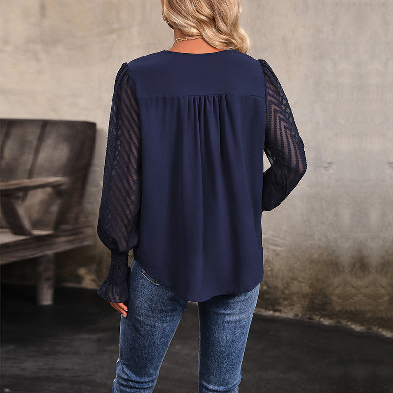 Solid V-Neck Blouse with Mesh Patchwork Sleeves