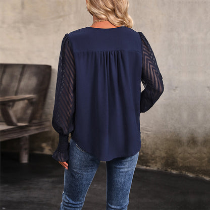Solid V-Neck Blouse with Mesh Patchwork Sleeves