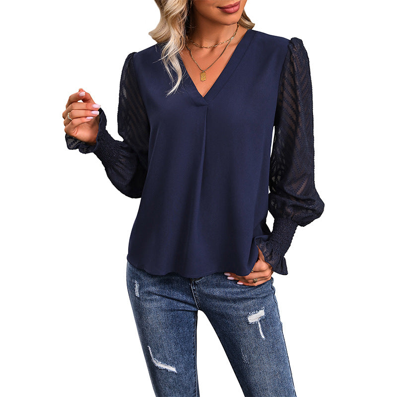 Solid V-Neck Blouse with Mesh Patchwork Sleeves