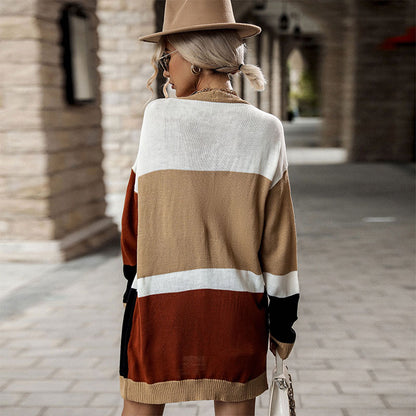 Longline Color Block Cardigan with Loose Fit
