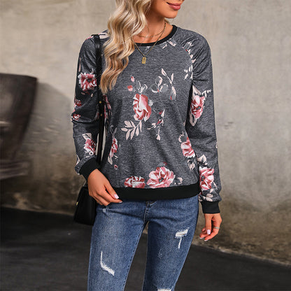 Floral Print Sweatshirt with Crewneck and Raglan Sleeves