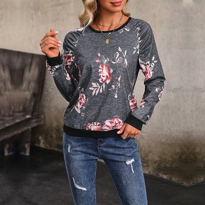 Floral Print Sweatshirt with Crewneck and Raglan Sleeves