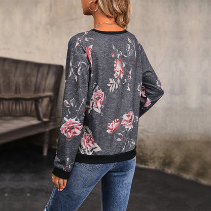 Floral Print Sweatshirt with Crewneck and Raglan Sleeves