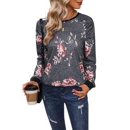 Floral Print Sweatshirt with Crewneck and Raglan Sleeves