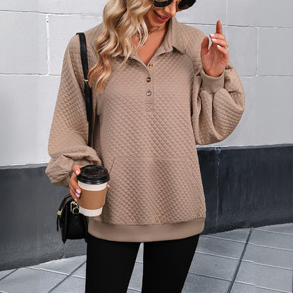 Quilted Sweatshirt with Turn-Down Collar and Kangaroo Pocket