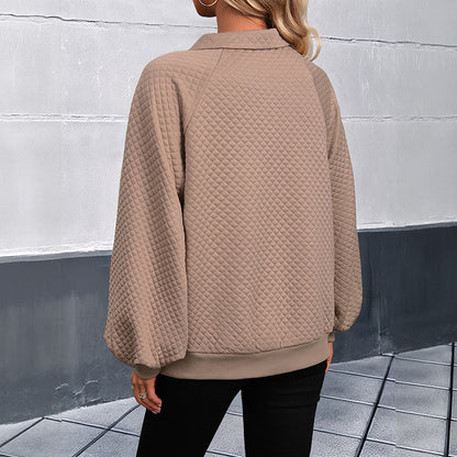 Quilted Sweatshirt with Turn-Down Collar and Kangaroo Pocket