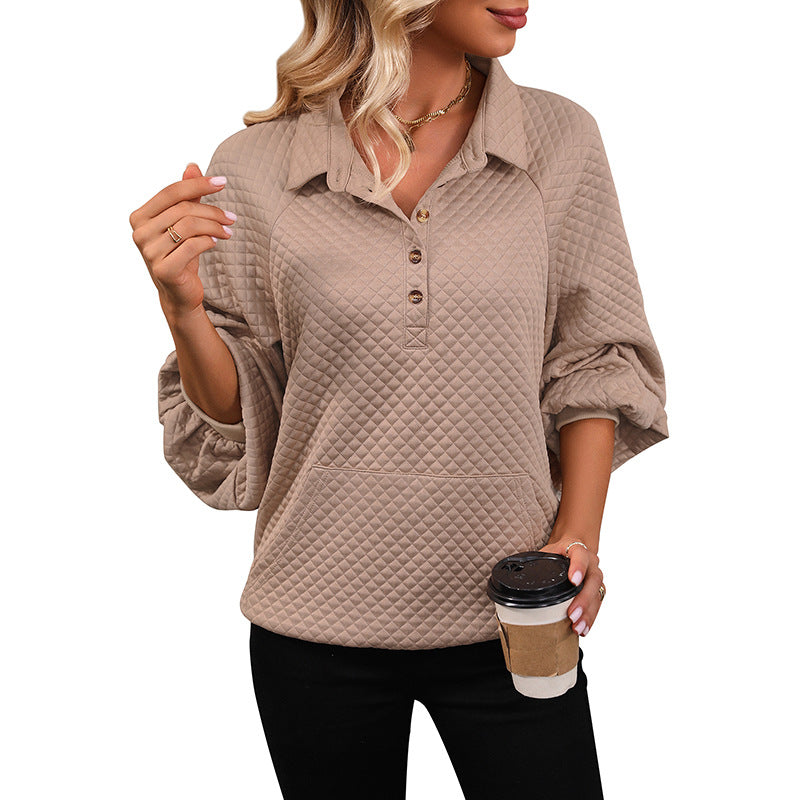 Quilted Sweatshirt with Turn-Down Collar and Kangaroo Pocket